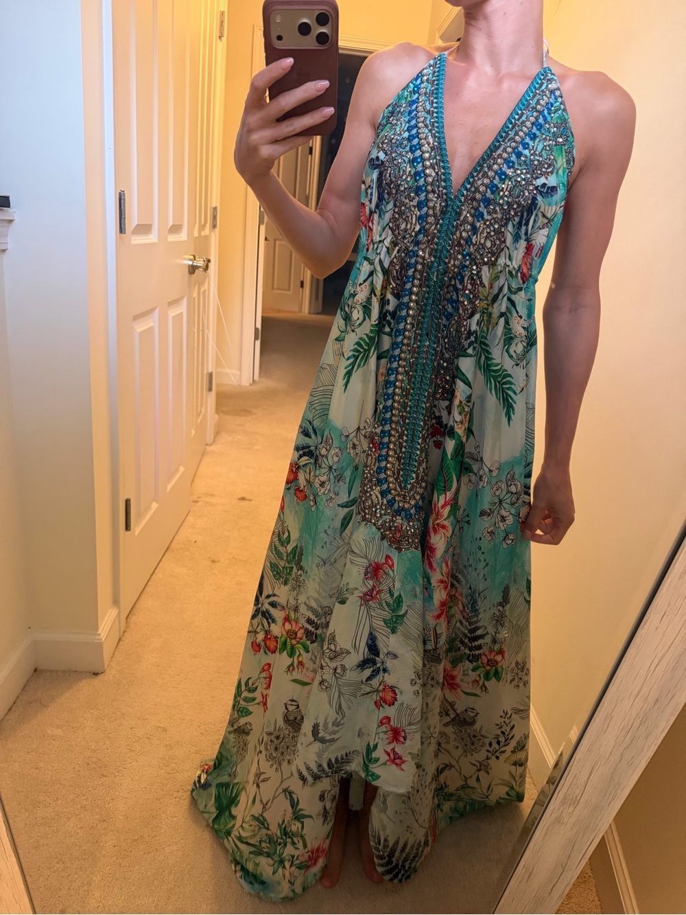 La Moda's Halter V-Neck Teal Floral Maxi Dress